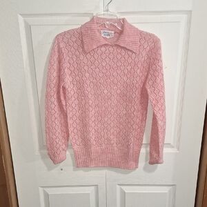 Vintage 80s Glamour Knit Soft Pink Heathered Collared Sweater - L